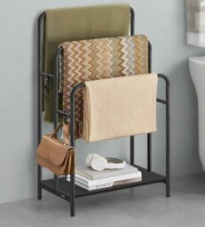 Rackhams Freestanding 3-Bar Towel Rack with Hooks & Storage Shelf, Ink Black, 50x30x100 cm - thumbnail 1