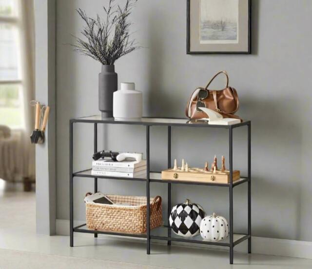 Rackhams Modern 3-Tier Console Table with Tempered Glass Shelves & Black Steel Frame – 100 x 30 x 73 cm - image 1