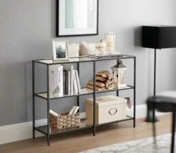 Rackhams Modern 3-Tier Console Table with Tempered Glass Shelves & Black Steel Frame – 100 x 30 x 73 cm - thumbnail 2