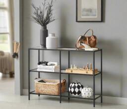 Rackhams Modern 3-Tier Console Table with Tempered Glass Shelves & Black Steel Frame – 100 x 30 x 73 cm