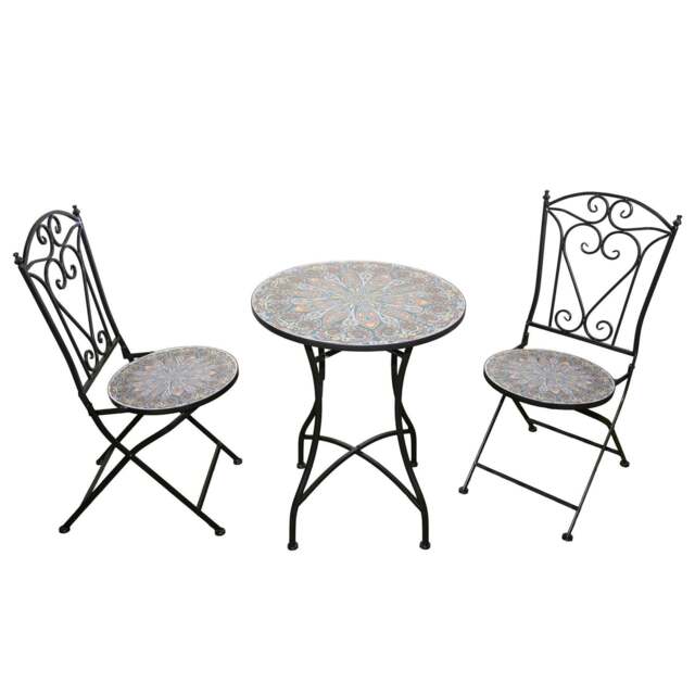 Rackhams Cairo Mosaic Bistro Set 3 Piece Metal Outdoor Garden Furniture Set with Folding Chairs & Round Table for Balcony - 3 Piece - image 1