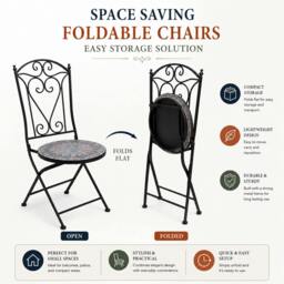 Rackhams Cairo Mosaic Bistro Set 3 Piece Metal Outdoor Garden Furniture Set with Folding Chairs & Round Table for Balcony - 3 Piece - thumbnail 3