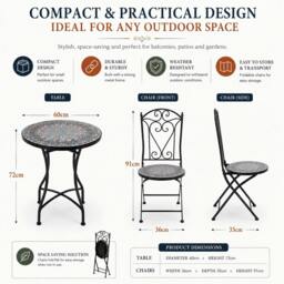 Rackhams Cairo Mosaic Bistro Set 3 Piece Metal Outdoor Garden Furniture Set with Folding Chairs & Round Table for Balcony - 3 Piece - thumbnail 5