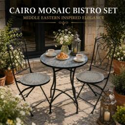 Rackhams Cairo Mosaic Bistro Set 3 Piece Metal Outdoor Garden Furniture Set with Folding Chairs & Round Table for Balcony - 3 Piece - thumbnail 6