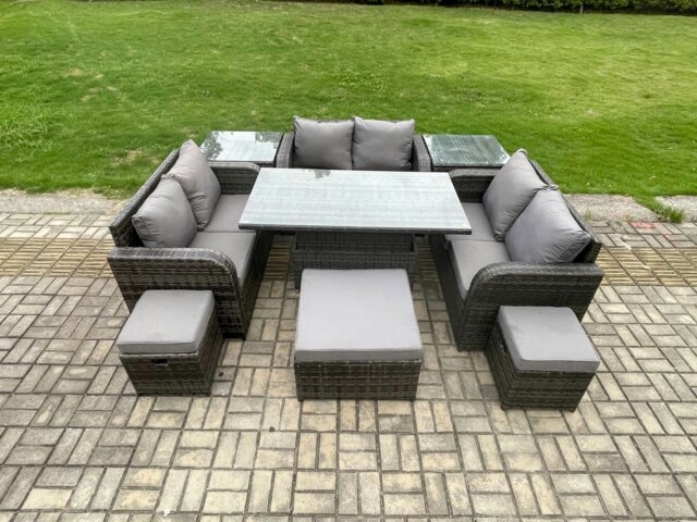 Rackhams Rattan Garden Outdoor Furniture 3 PC Love Sofa Set Adjustable Rising lifting Dining Table With 2 Side Tables 3 Footstools - image 1