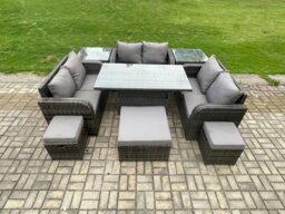 Rackhams Rattan Garden Outdoor Furniture 3 PC Love Sofa Set Adjustable Rising lifting Dining Table With 2 Side Tables 3 Footstools - thumbnail 2