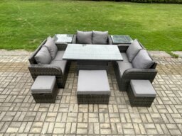 Rackhams Rattan Garden Outdoor Furniture 3 PC Love Sofa Set Adjustable Rising lifting Dining Table With 2 Side Tables 3 Footstools - thumbnail 1
