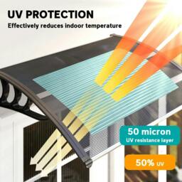 Rackhams Front Door Canopy Outdoor Awning Aluminium Rigid Plastic Polycarbonate Rain Shelter UV Water Rain Resistant 100 x 75cm Black - thumbnail 4