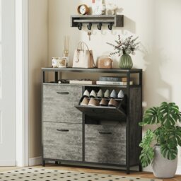 Rackhams Shoe Cabinet with 4 Flip Drawers, Holds 12-20 Pairs, Cement Grey - Cement Grey - Matte black, cement grey - Particle Board, Steel - thumbnail 3