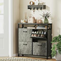 Rackhams Shoe Cabinet with 4 Flip Drawers, Holds 12-20 Pairs, Cement Grey - Cement Grey - Matte black, cement grey - Particle Board, Steel