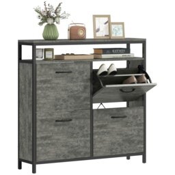Rackhams Shoe Cabinet with 4 Flip Drawers, Holds 12-20 Pairs, Cement Grey - Cement Grey - Matte black, cement grey - Particle Board, Steel - thumbnail 2