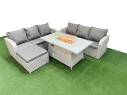 Rackhams Outdoor Garden Furniture Sets 7 Seater Rattan Furniture Sofa Sets with Fire Pit Dining Table high Back Lounge Sofa Big Footstool Light Grey - thumbnail 1