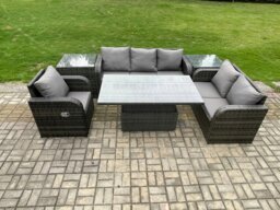 Rackhams Outdoor Rattan Furniture Garden Dining Set Patio Height Adjustable Rising lifting Table Reclining Chair Sofa With 2 Side Tables Dark Grey Mixed - thumbnail 2