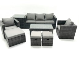 Rackhams 8 Seater Rattan Garden Furniture Set Outdoor Lounger Sofa with Coffee Table 2 Armchair 3 Footstools Side Table Dark Grey Mixed - thumbnail 1
