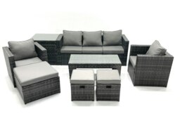 Rackhams 8 Seater Rattan Garden Furniture Set Outdoor Lounger Sofa with Coffee Table 2 Armchair 3 Footstools Side Table Dark Grey Mixed - thumbnail 2