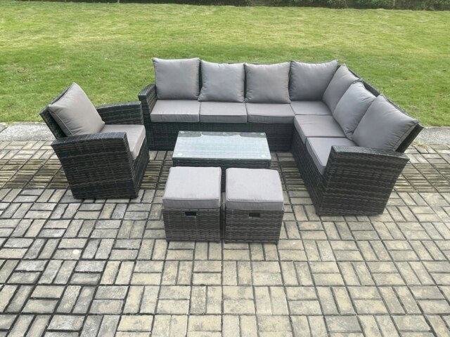 Rackhams Wicker PE Outdoor Garden Furniture Set High Back Rattan Corner Sofa Set with Arm Chair Rectangular Coffee Table 2 Small Footstools - image 1