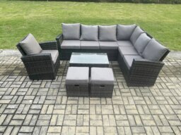 Rackhams Wicker PE Outdoor Garden Furniture Set High Back Rattan Corner Sofa Set with Arm Chair Rectangular Coffee Table 2 Small Footstools - thumbnail 1