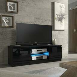 Rackhams Stunning 120cm TV Unit Modern Cabinet TV Stand Black High Gloss Doors Free LED - 120 cm -  MDF/Chipboard - Black Matt Body & Black Gloss Doors - thumbnail 1