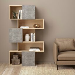 Rackhams Maze Asymmetrical Bookcase with 3 Doors in Jackson Hickory and Concrete - Grey &  Oak - Wood - 1 - thumbnail 6