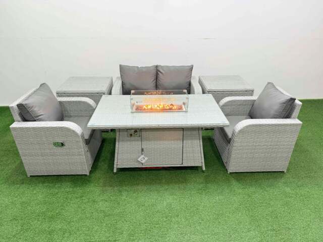 Rackhams Light Grey PE Wicker Rattan Garden Furniture Set Sofa Set Reclining Chair Fire Pit Dining Table 4 Seater With 2 Side Table - image 1