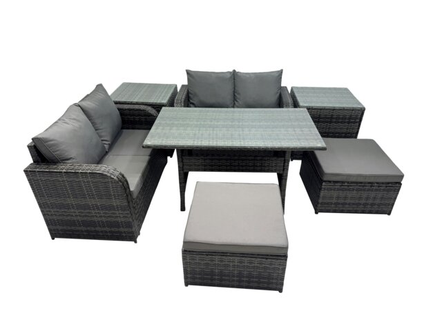 Rackhams Wicker PE Rattan Garden Outdoor Furniture Set Love Sofa Dining Table Sets with 2 Side Table 2 Big Stools Dark Grey Mixed - image 1