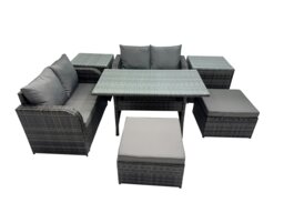 Rackhams Wicker PE Rattan Garden Outdoor Furniture Set Love Sofa Dining Table Sets with 2 Side Table 2 Big Stools Dark Grey Mixed - thumbnail 1