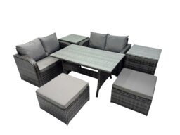 Rackhams Wicker PE Rattan Garden Outdoor Furniture Set Love Sofa Dining Table Sets with 2 Side Table 2 Big Stools Dark Grey Mixed - thumbnail 2