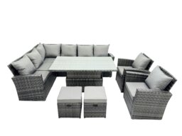 Rackhams Rattan Outdoor Patio Height Adjustable Rising Lifting Table Corner Sofa Set with 2 Small Stool,2 Chairs for Garden Backyard Dark Grey Mixed - thumbnail 1