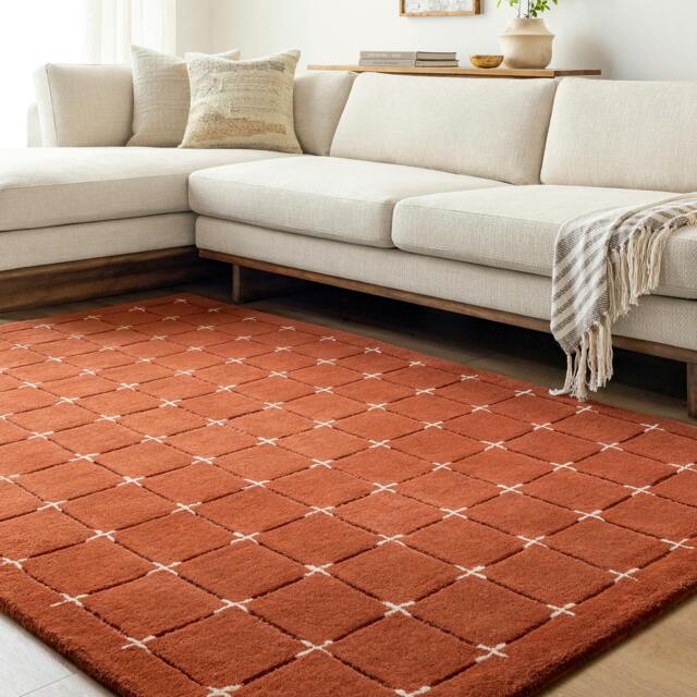 Rackhams Brook-Hand Tufted Terracotta Beige Wool Modern Fringe Rug - 183 x 274 cm - image 1
