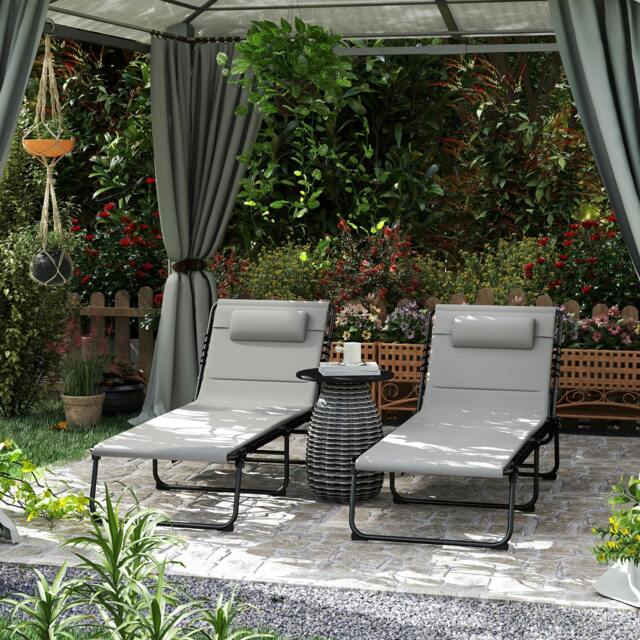 Rackhams Folding Sun Loungers Set of 2, Reclining Sun Bed, Black - Light Grey - 36H x 68W x 189D cm