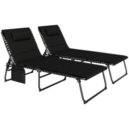 Rackhams Folding Sun Loungers Set of 2, Reclining Sun Bed, Black - Light Grey - 36H x 68W x 189D cm - thumbnail 2