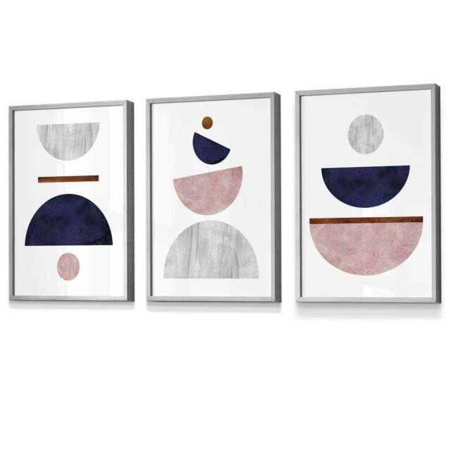 Rackhams Navy Blue, Blush & Copper Textured Geometric Framed Wall Art - 30x42cm (A3) - Light Grey - image 1