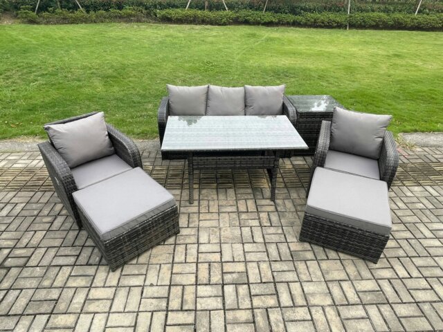 Rackhams 7 Seater Rattan Outdoor Garden Furniture Set Rectangular Dining Table and Chair Sofa Set With Side Table 2 Big Footstool Dark Grey Mixed - image 1