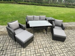 Rackhams 7 Seater Rattan Outdoor Garden Furniture Set Rectangular Dining Table and Chair Sofa Set With Side Table 2 Big Footstool Dark Grey Mixed - thumbnail 2