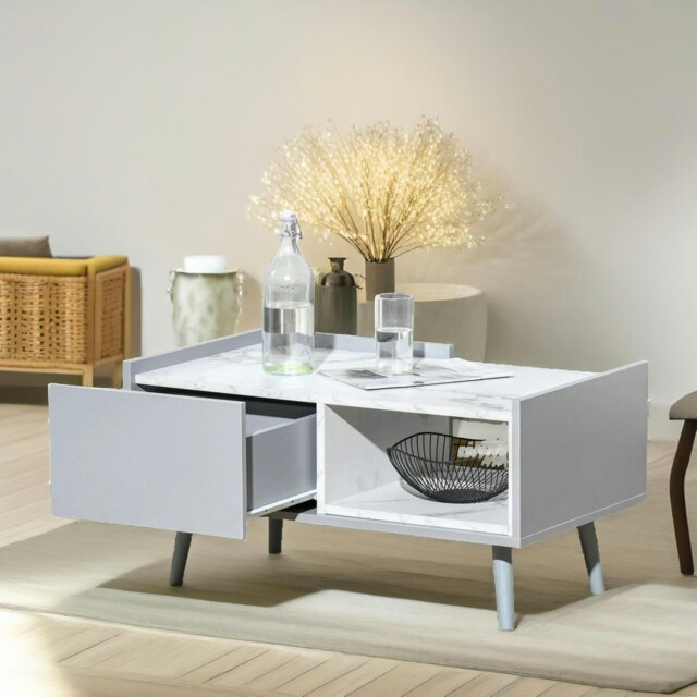 Rackhams Faux Marble Coffee Table With Storage Shelf and Drawer Grey - image 1