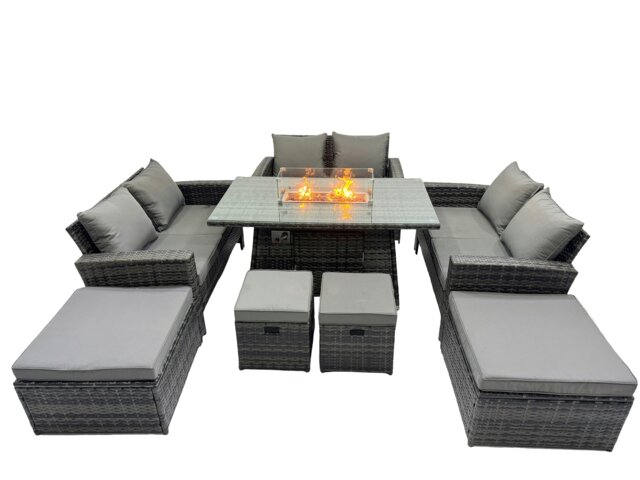 Rackhams Outdoor Love Sofa Set 10 Seat Rattan Garden Furniture Set with Gas Firpit Dining Table 4 Footstools Dark Grey Mixed - image 1