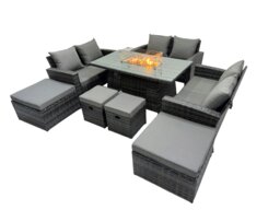 Rackhams Outdoor Love Sofa Set 10 Seat Rattan Garden Furniture Set with Gas Firpit Dining Table 4 Footstools Dark Grey Mixed - thumbnail 2