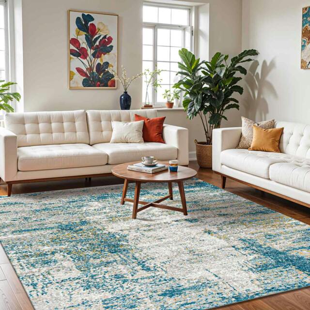 Rackhams San Francisco-Abstract Blue Grey Yellow Modern Marble Rug - 120 x 170 cm - image 1