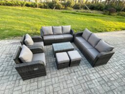 Rackhams Rattan Outdoor Garden Furniture Sofa Set Patio Table & Chairs Set with 3 Seater Sofa Reclining Chair 2 Small Footstools Dark Grey Mixed - thumbnail 2