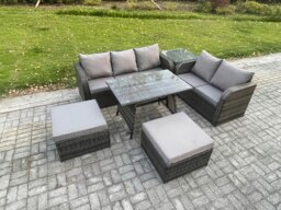 Rackhams Rattan Garden Furniture Dining Set 7 seater Patio Rectangular Table 2 Big Footstool Love Sofa Side Table Dark Grey Mixed - thumbnail 2