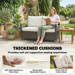 Rackhams 2 Seater Rattan Garden Sofa with Acacia Wood Armrests - Grey - Rattan garden sofa - 1 - thumbnail 5