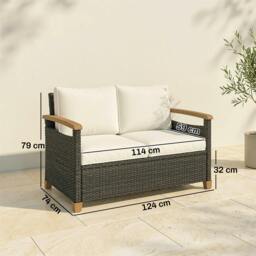 Rackhams 2 Seater Rattan Garden Sofa with Acacia Wood Armrests - Grey - Rattan garden sofa - 1 - thumbnail 4