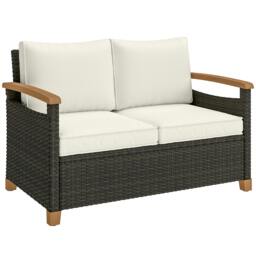 Rackhams 2 Seater Rattan Garden Sofa with Acacia Wood Armrests - Grey - Rattan garden sofa - 1 - thumbnail 3