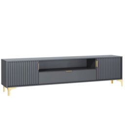 Rackhams Luxurious Grey TV Stand with Fluted Doors & Gold Accents – 200cm Media Console - 200 cm - 1 -  MDF/Chipboard - thumbnail 6