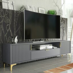 Rackhams Luxurious Grey TV Stand with Fluted Doors & Gold Accents – 200cm Media Console - 200 cm - 1 -  MDF/Chipboard