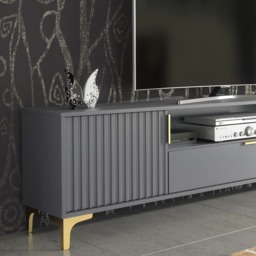 Rackhams Luxurious Grey TV Stand with Fluted Doors & Gold Accents – 200cm Media Console - 200 cm - 1 -  MDF/Chipboard - thumbnail 4
