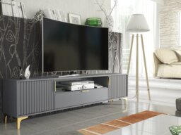 Rackhams Luxurious Grey TV Stand with Fluted Doors & Gold Accents – 200cm Media Console - 200 cm - 1 -  MDF/Chipboard - thumbnail 3