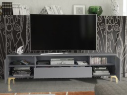 Rackhams Luxurious Grey TV Stand with Fluted Doors & Gold Accents – 200cm Media Console - 200 cm - 1 -  MDF/Chipboard - thumbnail 2