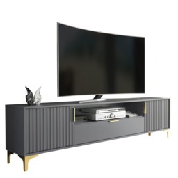 Rackhams Luxurious Grey TV Stand with Fluted Doors & Gold Accents – 200cm Media Console - 200 cm - 1 -  MDF/Chipboard - thumbnail 5