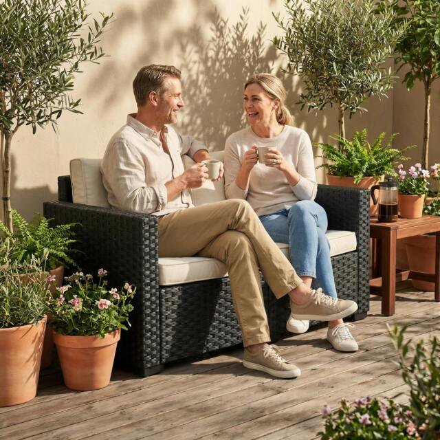 Rackhams 2 Seater Rattan Garden Sofa with Deep Seat, Wide Arms, Black - 2 seater rattan sofa - 1 - PE rattan, steel, polyester - image 1